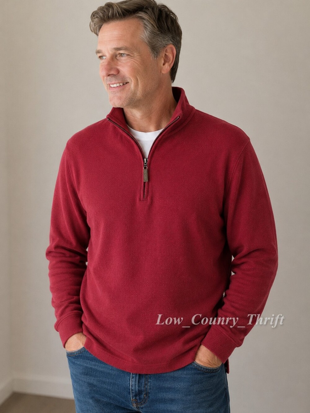 Alan Flusser Red Quarter Zip Mock Neck Sweater Men's Large Cotton Blend